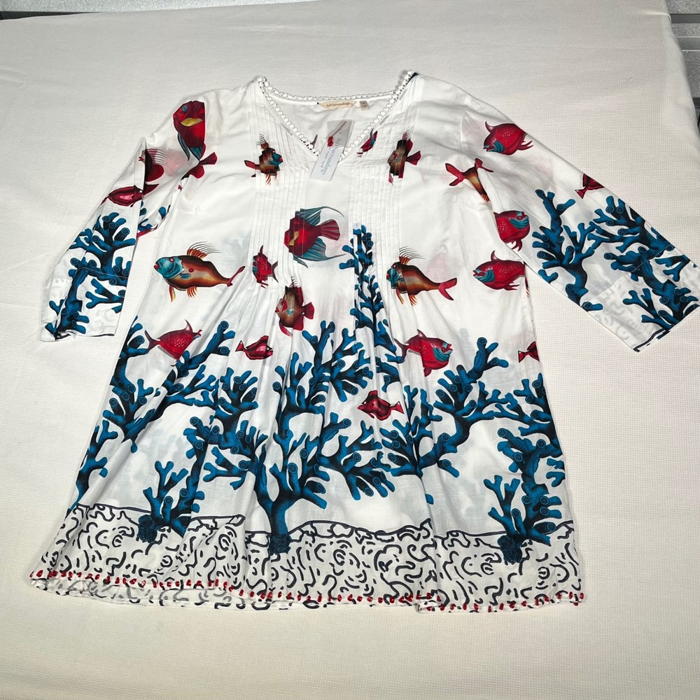 Soft Surroundings NWT Seychelles Tunic XL White Blue Coral Fish Cotton